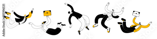 Various levitating people. A set of vector flying characters in contour style.