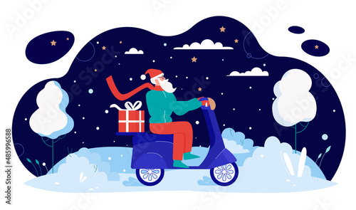 Santa Claus riding moped with gift boxes and parcels for Christmas vector illustration. Cartoon old man courier with beard driving motorbike in night city landscape with snowfall, Xmas snowy scene