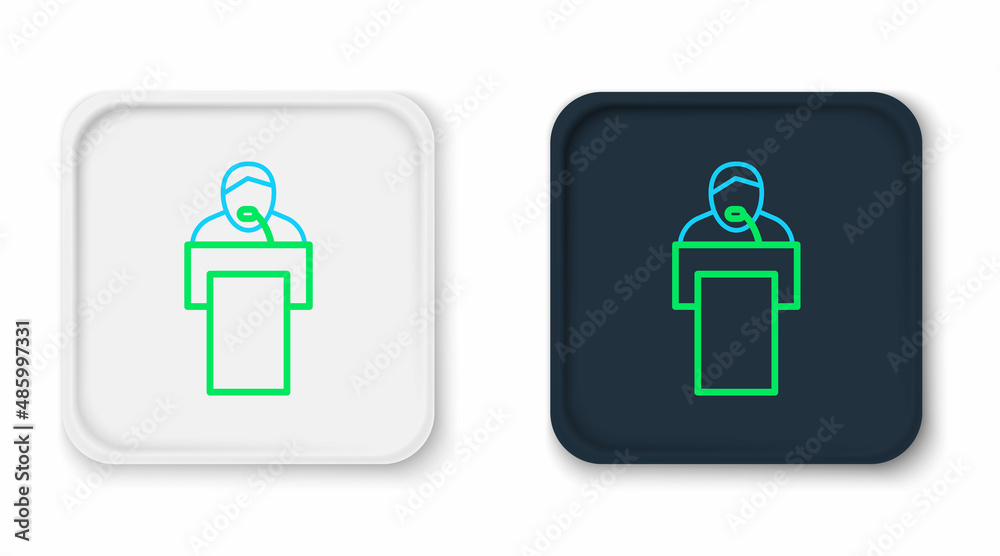 Line Gives lecture icon isolated on white background. Stand near podium. Speak into microphone. The speaker lectures and gestures. Colorful outline concept. Vector Line Gives lecture icon isolated on white background. Stand near podium. Speak into microphone. The speaker lectures and gestures. Colorful outline concept. Vector