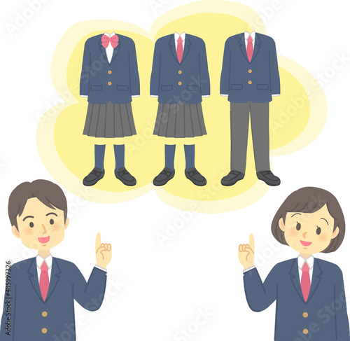 イラスト素材：ジェンダーレス学生服を笑顔で選択する生徒
