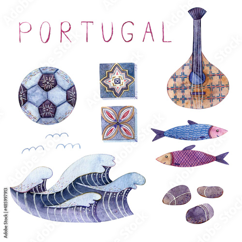 Watercolor Portugal illustrations, red wine, glass, guitar, cockerel, sardine, wave. photo