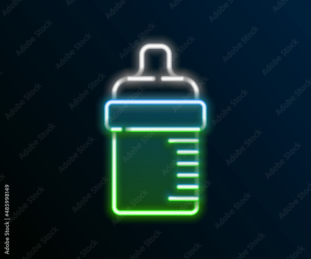 Glowing neon line Baby bottle icon isolated on black background. Feeding bottle icon. Milk bottle sign. Colorful outline concept. Vector Glowing neon line Baby bottle icon isolated on black background. Feeding bottle icon. Milk bottle sign. Colorful outline concept. Vector