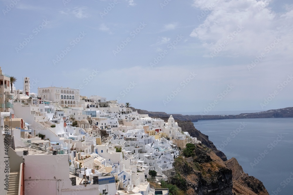 Panoramic view of the picturesque village of Fira Santorini with its hotels and restaurants 