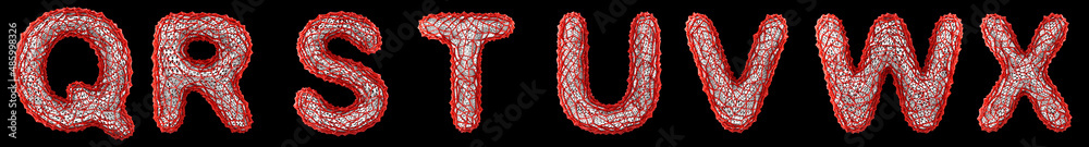 Realistic 3D letters set Q, R, S, T, U, V, W, X made of red plastic.