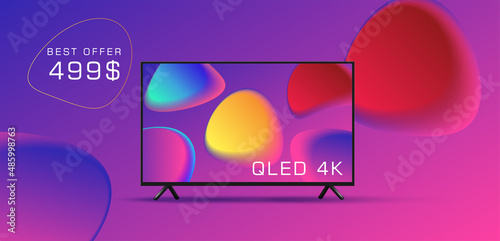 Web banner with smart TV set 3d illustration with bright fluid shapes wallpaper on it and special price offer in violet colors photo