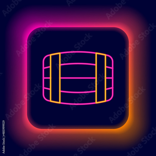 Glowing neon line Wooden barrel icon isolated on black background. Alcohol barrel, drink container, wooden keg for beer, whiskey, wine. Colorful outline concept. Vector