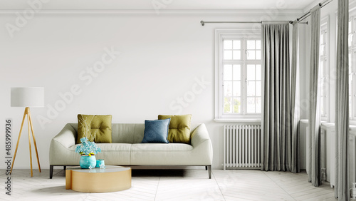 Beautiful interior of a modern room. Bright and clean design. A sofa standing by a large window against a wall background. 3D rendering