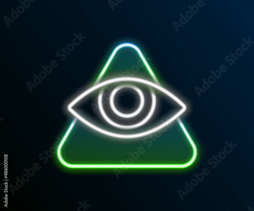 Glowing neon line Masons symbol All-seeing eye of God icon isolated on black background. The eye of Providence in the triangle. Colorful outline concept. Vector