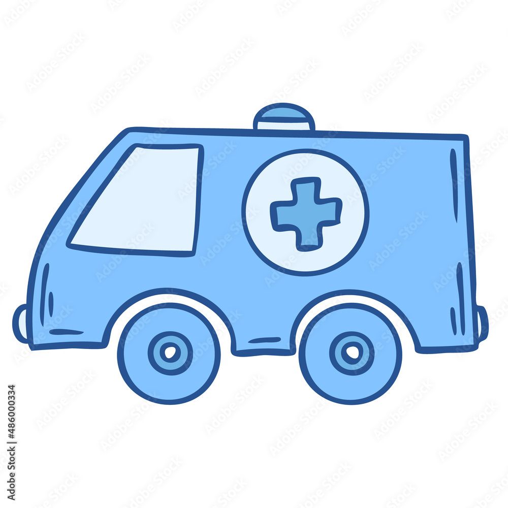 Ambulance car in doodle style isolated on white background. Vector illustration