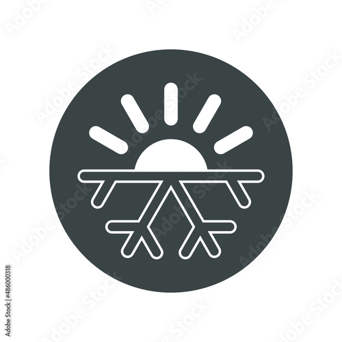 Warmth and cold graphic symbol. Sun and snowflake sign in the circle isolated on white background. Vector illustration