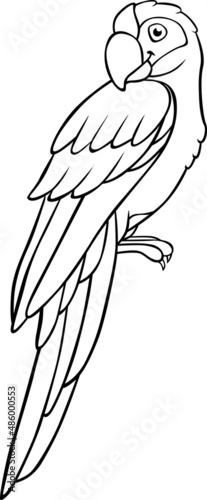 Coloring page. Cute parrot green macaw sits and smiles.