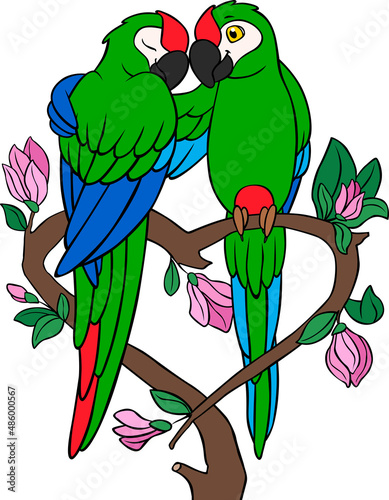 Cartoon birds. Two cute parrots green macaw sit on the tree branch. The branch looks like a heart.