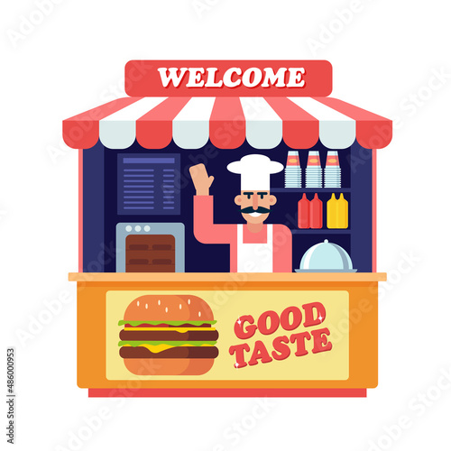 Fast food hamburger street cart local business. Outdoor stall shop selling burgers cartoon vector illustration