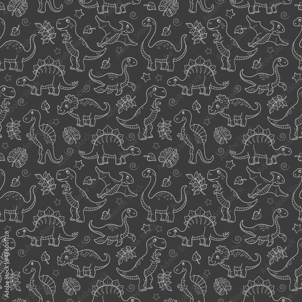 Seamless pattern with dinosaurs and leaves, light contoured animals on dark background