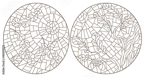 A set of contour illustrations in the style of stained glass with oak branches on a sky background, dark contours on a white background
