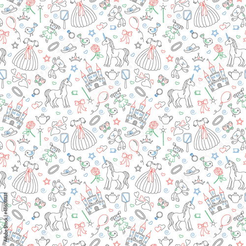 Seamless pattern on the theme of Hobbies baby girls, simple contour icons, contours are drawn with colored markers on white background