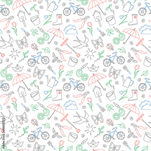 Seamless pattern on the theme of the garden , planting and growing harvest, simple colored contour icons on white background