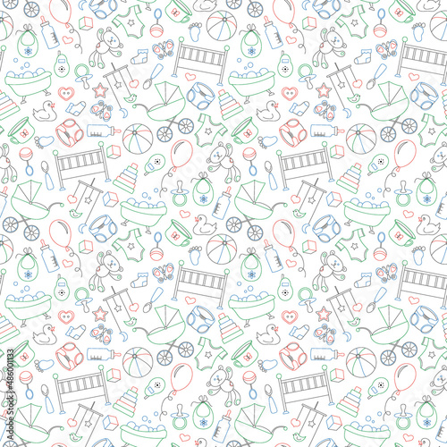 Seamless pattern on the theme of childhood and newborn babies, baby accessories and toys, simple contour icons, drawn with colored markers on white background