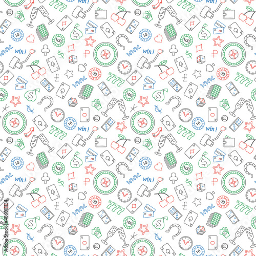 Seamless pattern on the theme of gambling and money simple colored contour icons on white background