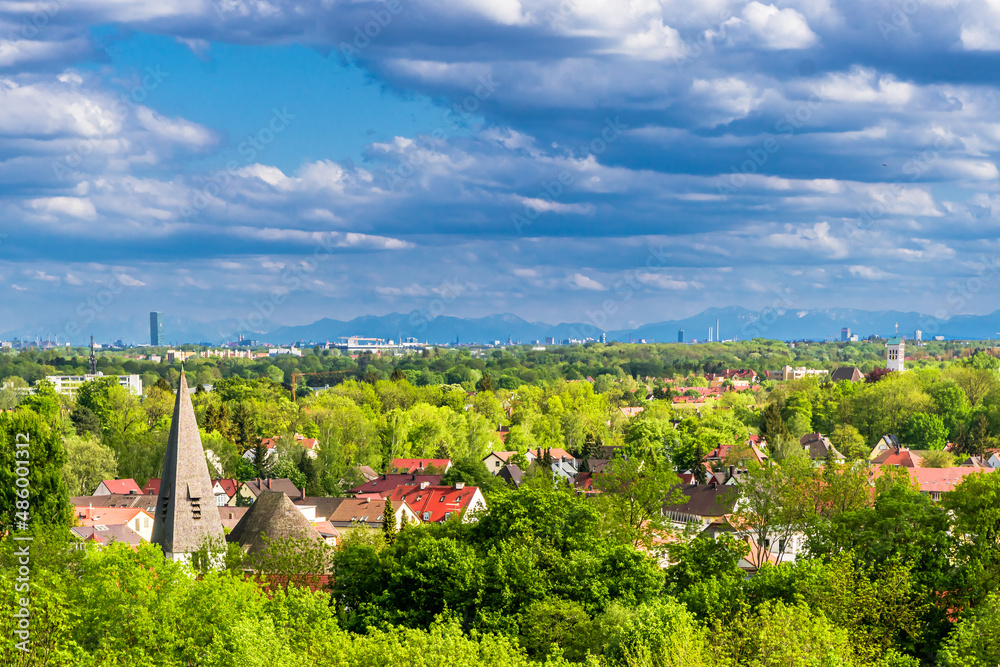 Panoramic view over city of Dachau and bavarian alps next to Munich - Germany