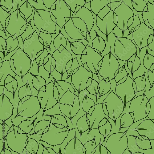 Seamless pattern with rose leaves. Line art. Isolated on a green background. For your design.