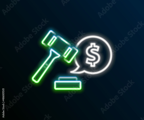 Glowing neon line Auction hammer price icon isolated on black background. Gavel - hammer of judge or auctioneer. Bidding process, deal done. Auction bidding. Colorful outline concept. Vector