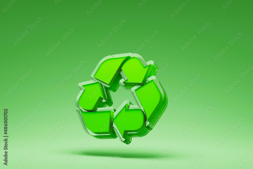 Reuse, reduce, recycle concept. Recycle glass symbol on green background. 3d render illustration Reuse, reduce, recycle concept. Recycle glass symbol on green background. 3d render illustration