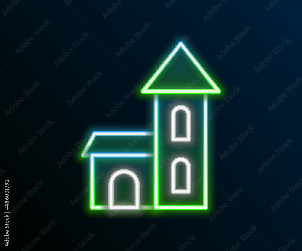 Glowing neon line Church building icon isolated on black background. Christian Church. Religion of church. Colorful outline concept. Vector Glowing neon line Church building icon isolated on black background. Christian Church. Religion of church. Colorful outline concept. Vector