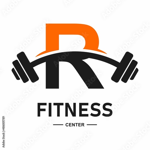 Fitness letter  R with barbell logo vector design. Suitable for business, web, sport, health, athlete and initial symbol