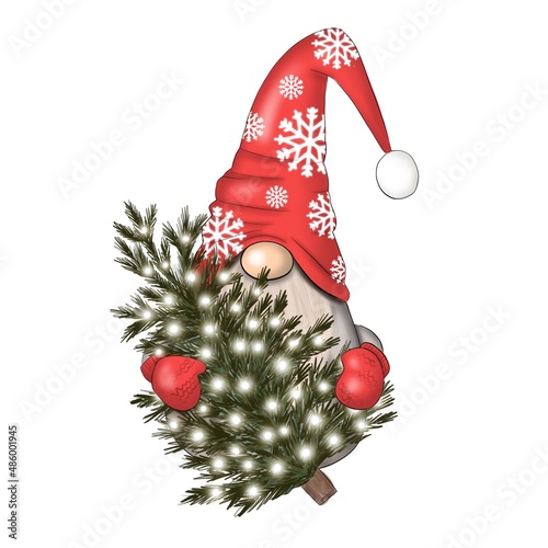 Nordic Gnome With Christmas Tree Drawn Illustration photo