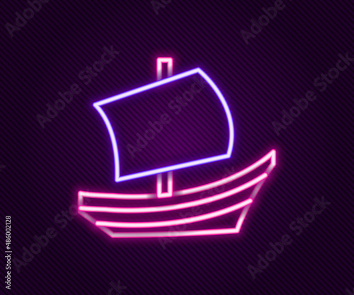 Glowing neon line Egyptian ship icon isolated on black background. Egyptian papyrus boat. Colorful outline concept. Vector