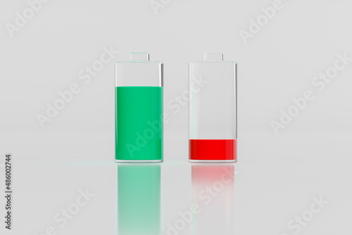 two batteries icons with different charge level isolated on white background, color battery charge indicators, sign or symbol, 3d rendering