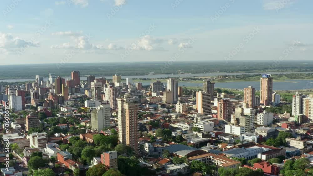 Aerial view Asuncion Paraguay. City by the river, downtown with skyscrapers and colonial style houses, life and landscape of the city in Latin America.