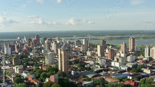 Aerial view Asuncion Paraguay. City by the river, downtown with skyscrapers and colonial style houses, life and landscape of the city in Latin America. photo