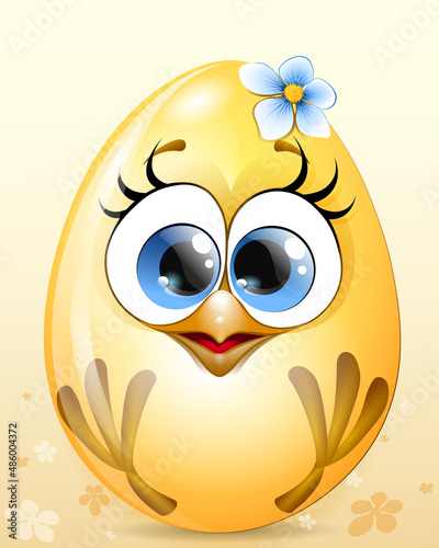 Cute spring egg cartoon chick with flower. Easter concept