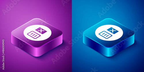 Isometric Washing under 90 degrees celsius icon isolated on blue and purple background. Temperature wash. Square button. Vector