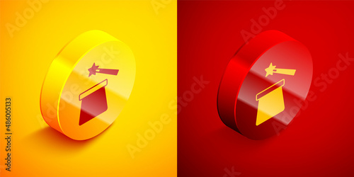 Isometric Magic hat and wand icon isolated on orange and red background. Magic trick. Mystery entertainment concept. Circle button. Vector