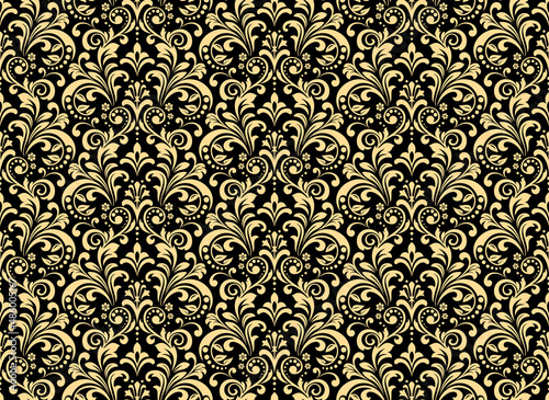 Wallpaper in the style of Baroque. Seamless vector background. Gold and black floral ornament. Graphic pattern for fabric, wallpaper, packaging. Ornate Damask flower ornament