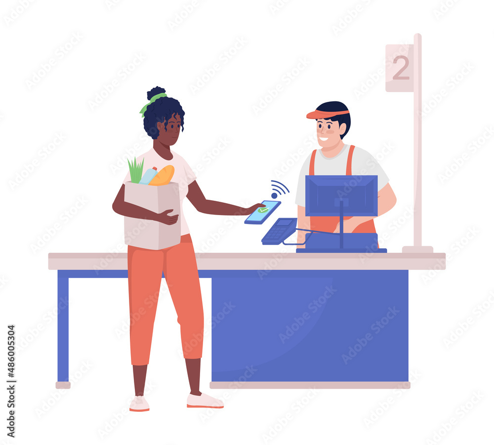 Woman paying at store semi flat color vector character. Interacting figures. Full body people on white. Buy food isolated modern cartoon style illustration for graphic design and animation