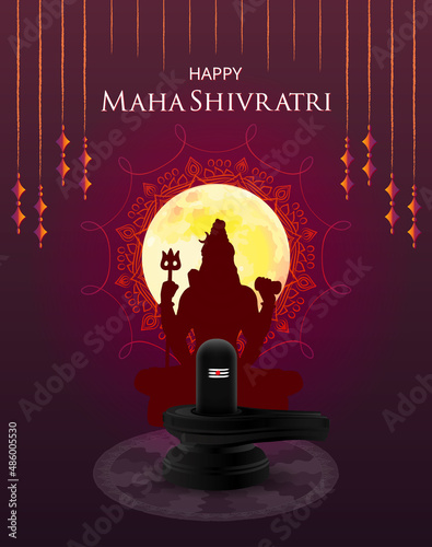 Maha Shivratri with Shivling, Lingam, Moon, Night Sky, silhouette, Himalayas, and Mandala. Traditional Hindu Festival Poster Banner Design Template, Website poster Vector Illustration