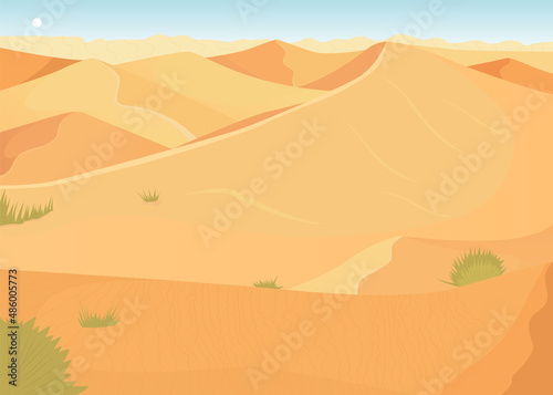 Desert with bright sunshine flat color vector illustration. Winter escape. Empty wasteland. Place for desert adventurers. Barren region 2D simple cartoon landscape with sparse vegetation on background