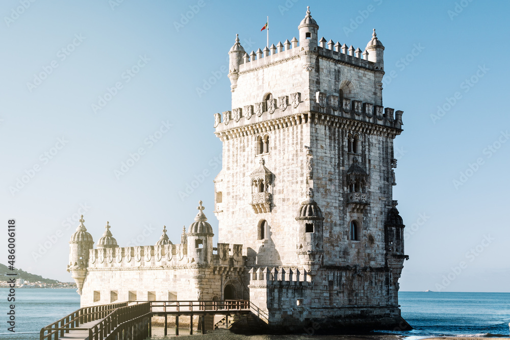 Belem Tower photographed from the front in natural light, in Lisbon.