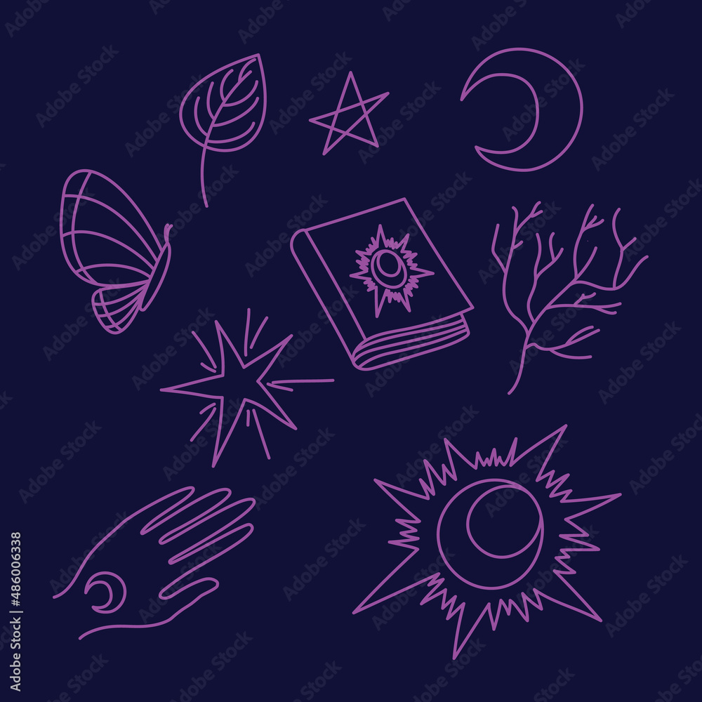 Obraz premium Hand-drawn icons - sun, star, cloud, book, branch, moon and other are drawn in yellow on a dark background. Cartoon style icons on a dark sky.