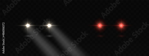 Car headlights. Auto glowing rays. Vector realistic effect.