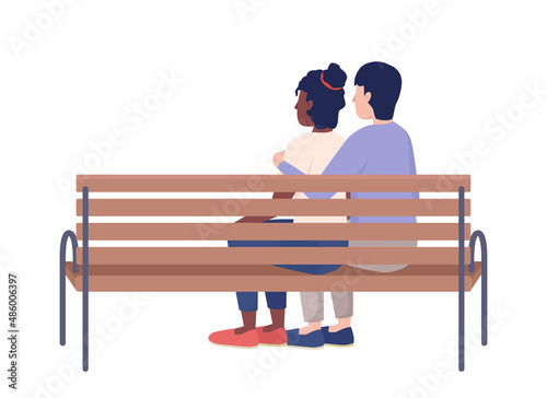 Embracing couple on bench semi flat color vector characters. Sitting figures. Full body people on white. Hugging with beloved simple cartoon style illustration for web graphic design and animation