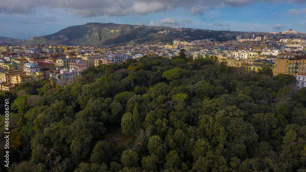Aerial view of the Floridiana villa located in the Vomero district in Naples, Italy. Its trees are a green lung of the city.