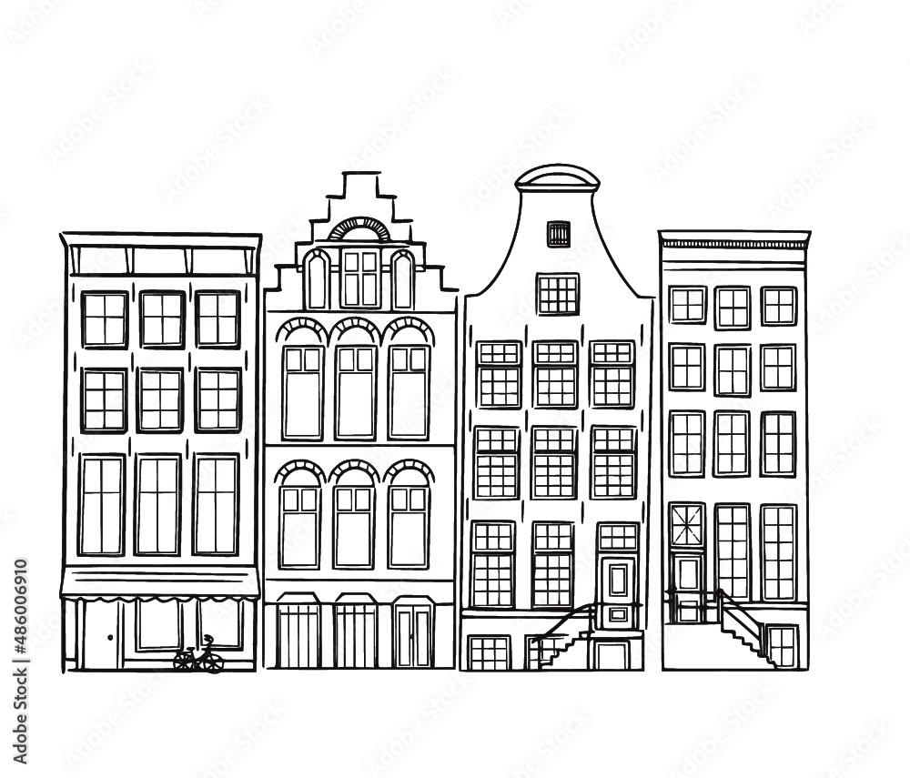 Amsterdam vector sketch hand drawn illustration. Amsterdam old style houses. Typical dutch canal houses. Outline houses facades in a row isolated. 