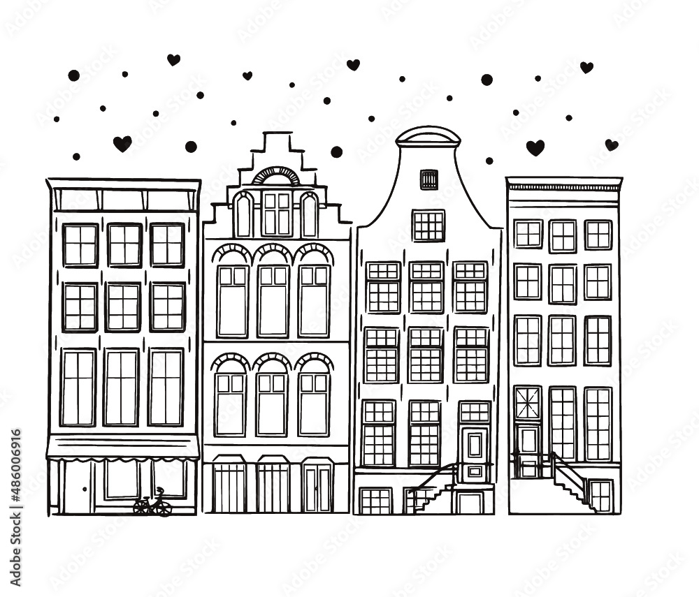 Amsterdam vector sketch hand drawn illustration. Amsterdam old style houses. Typical dutch canal houses. Outline houses facades in a row isolated. 