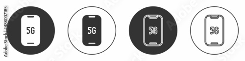 Black Mobile with 5G new wireless internet wifi icon isolated on white background. Global network high speed connection data rate technology. Circle button. Vector