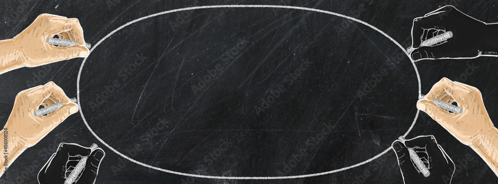 Hand writing with chalk on blackboard business and school or strategy concept design ,white chalk to write something on black board for time line cover or website background, with copy space for text.